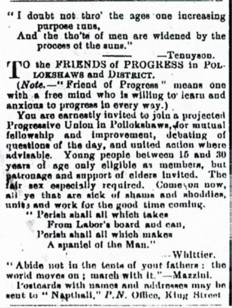 Wil Kraig’s advertisement for a Pollokshaws Progressive Union in The Pollokshaws News, 24 November 1899, (as Napthali)
